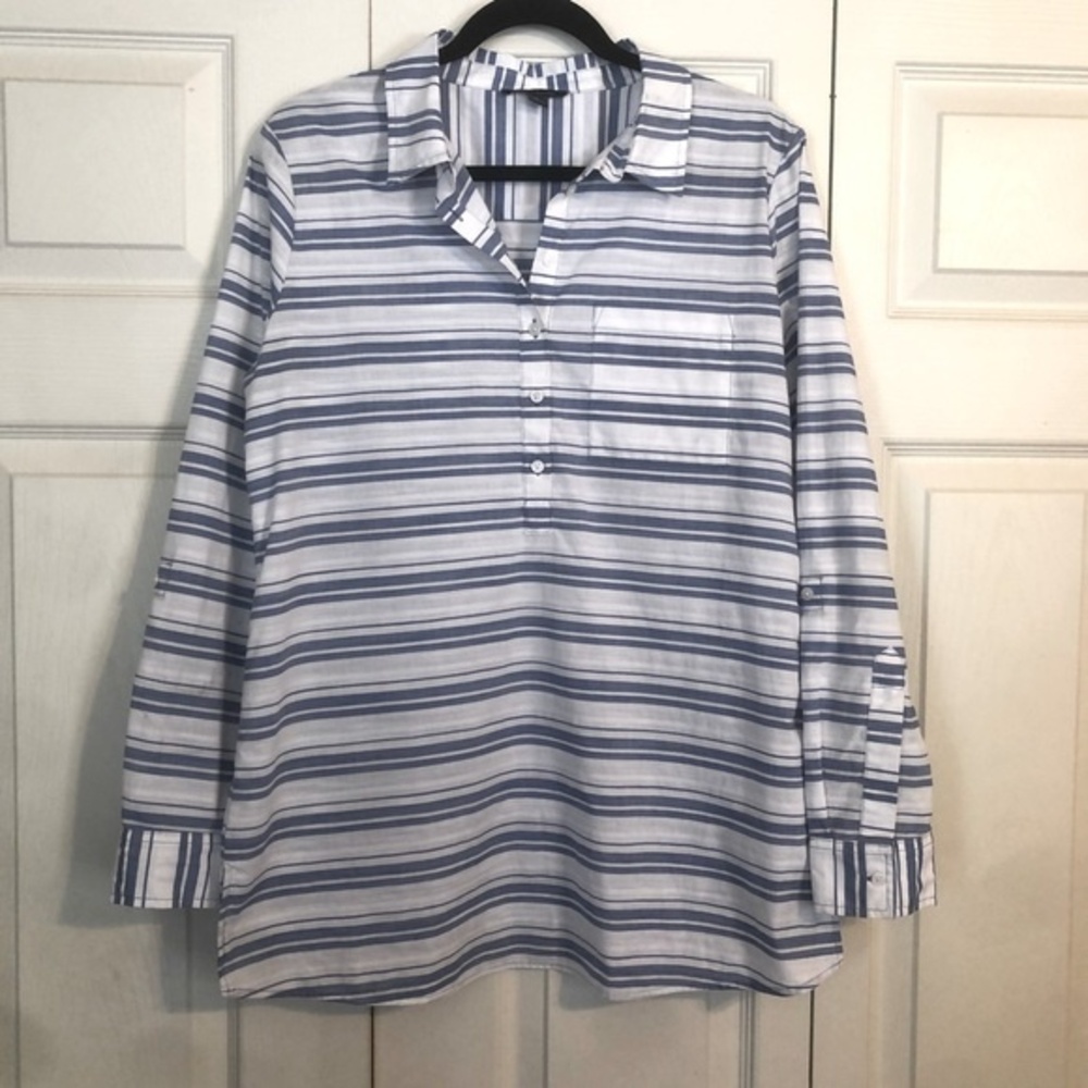 TOMMY HILFIGER Medium Blue White Striped Popover Shirt Roll Tab 3/4 Sleeves